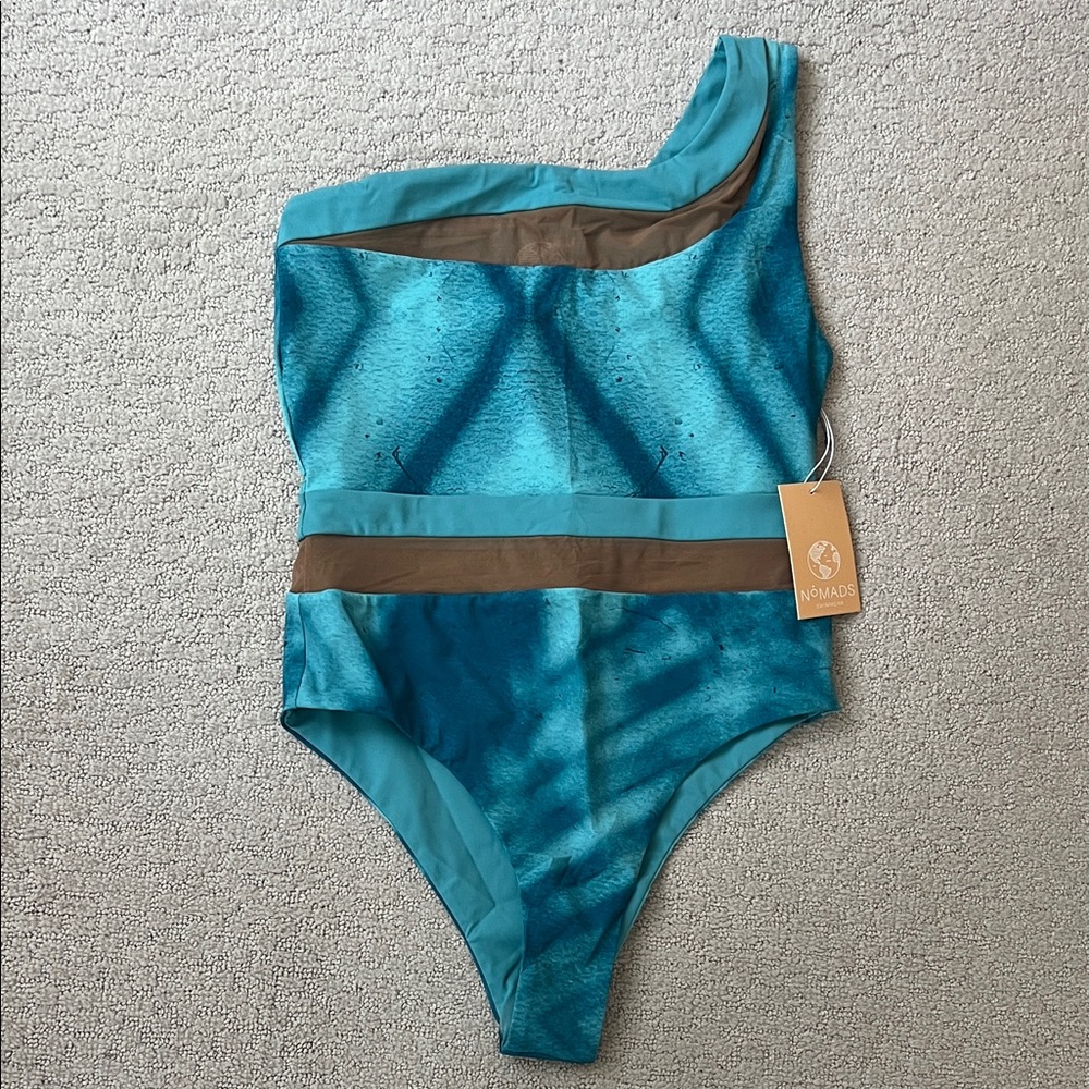 Nomads One Shoulder Swimsuit Sz L Teal Cutout Mesh One Piece Bathing Suit NWT